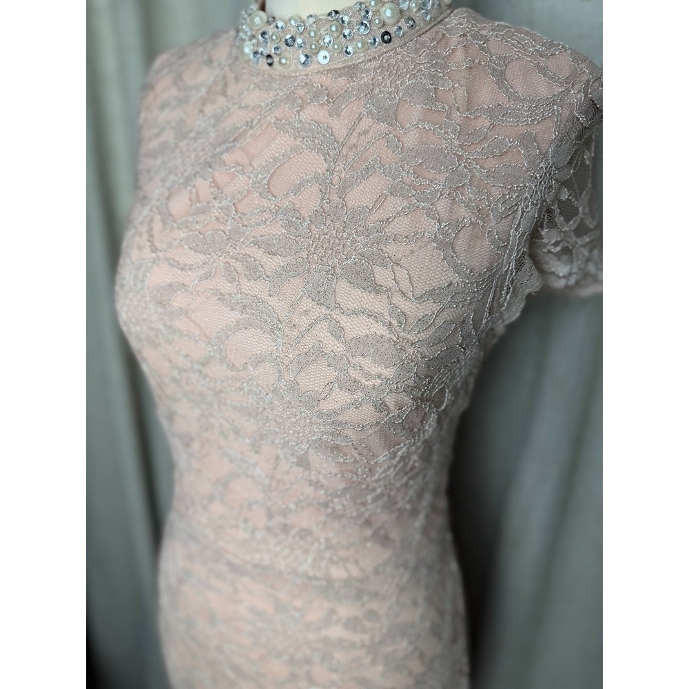 Blush Pink Lace Short Sleeve Midi Dress Pearl Beaded Neckline